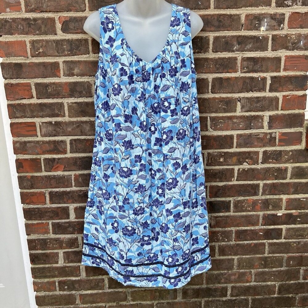 J. Jill Blue White Floral Sleeveless Dress Rayon Lightweight V-Neck Casual